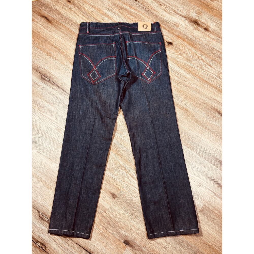 Q by Qruel Y2K Dark Wash Designer Jeans Red White Contrast Stitch  36x33